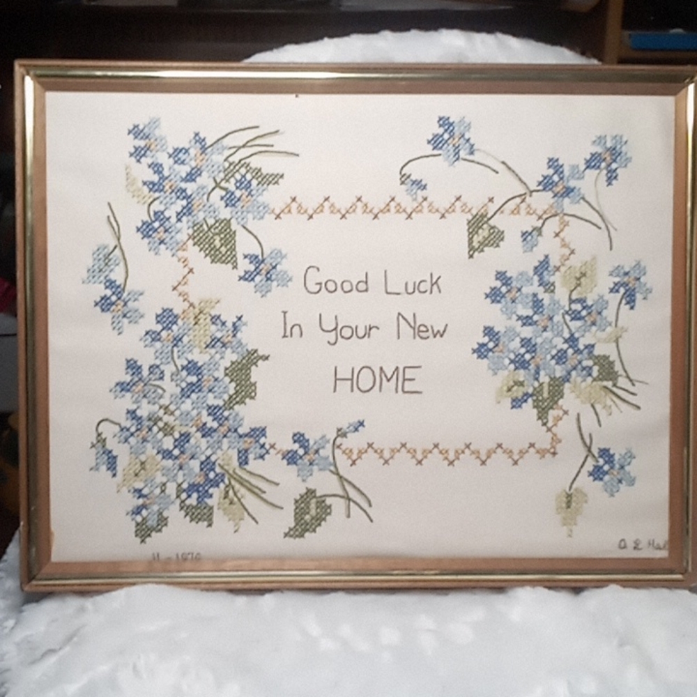 cross stitch Homemade Vintage framed floral New Home